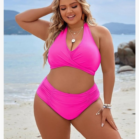 Blooming Jelly High Waisted Bikini Halter Criss Cross Wrap Swim Suit Hot Pink - Picture 12 of 15